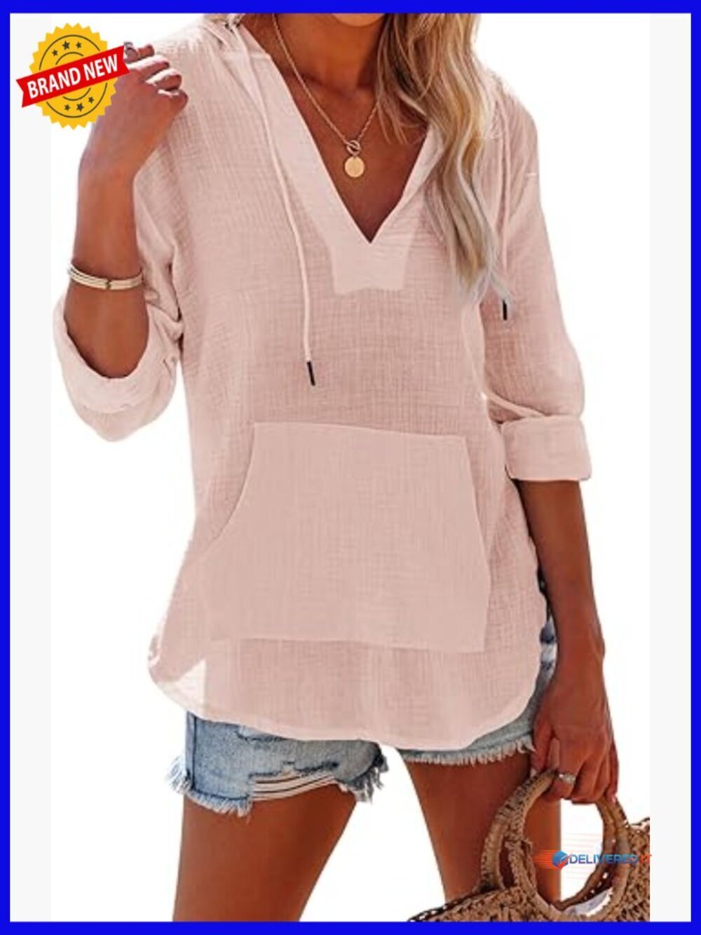 Long Sleeve V Neck Hooded Beach Cover Up Top
